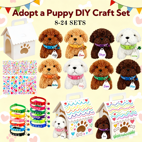 Lot de 8 à 24 colliers réglables pour chiens en peluche avec maisonnette pour jouets, idéal pour les fêtes d'anniversaire et les cadeaux de fête 'Adopt a Puppy'