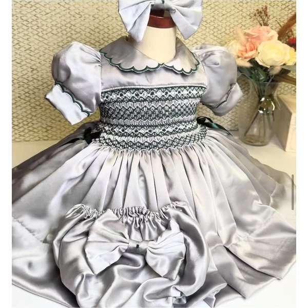 0-12Y Baby Girl Summer Handmade Embroidery Smocked Grey Dress for Birthday Holiday Easter Photography Eid Casual A193