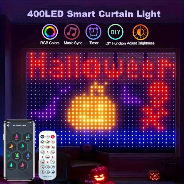 Intelligentes LED-Vorhanglicht, APP-Steuerung, RGB, dimmbar, DIY-Muster, Musik, Valentinstag, Beleuchtung für Zuhause, Urlaub, Party, Dekoration
