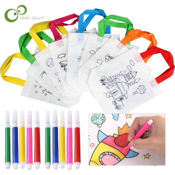 20 pièces bricolage Graffiti sac marqueurs de coloriage peinture à la main sacs Non tissés pour enfants artisanat d'art couleur remplissage dessin jouet
