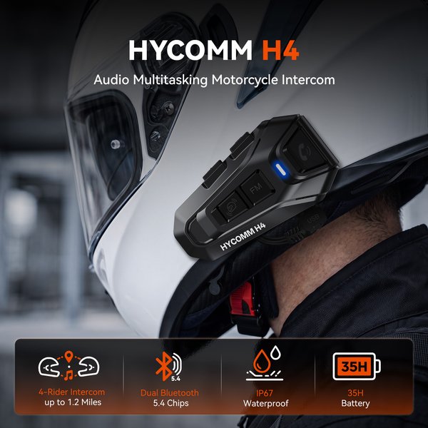 HYCOMM H4 Motorrad-Intercom mit Mesh- und Bluetooth-Funktion, Bluetooth-Intercom für 4 Fahrer mit einer Reichweite von bis zu 1,2 Meilen, Audio-Multitasking, universelle Kopplung, Musik-Sharing,