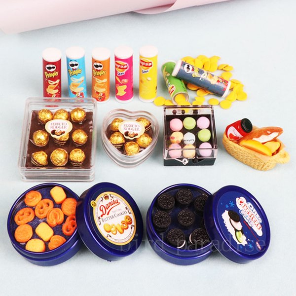 1/6 Miniatrue Puppen Essen Mini Schokolade Kekse Boxen Kartoffelchips Modell Spielzeug Rollenspiel für Bjd Puppenhaus Szenz Zubehör