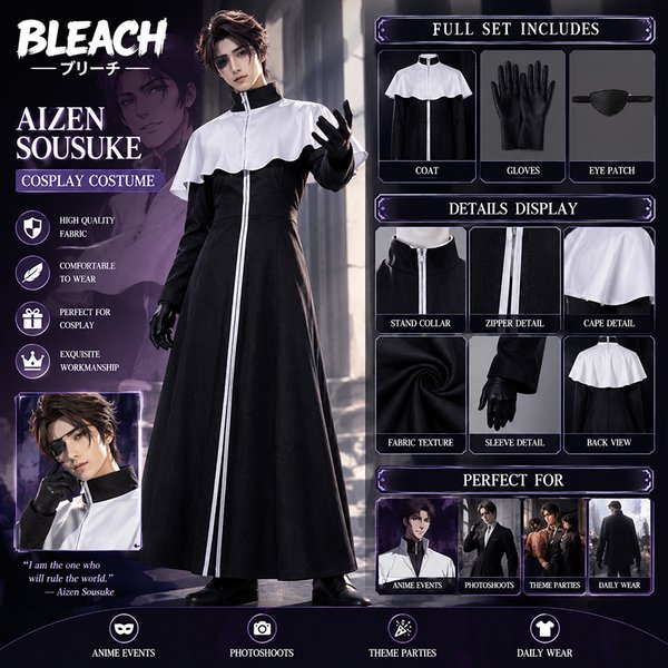 Bleach : Guerre de sang millénaire - Costume de cosplay d'Aizen Sousuke - Robe noire, gants, bandeau pour les yeux - Costume pour homme - Uniformes de jeu de rôle pour Halloween