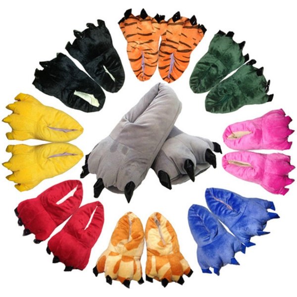 Pantoufles d'intérieur chaudes et douces pour hommes et femmes, chaussures patte d'animal drôle, monstre de noël, griffe de dinosaure, peluche, doublure aléatoire pour la maison, hiver