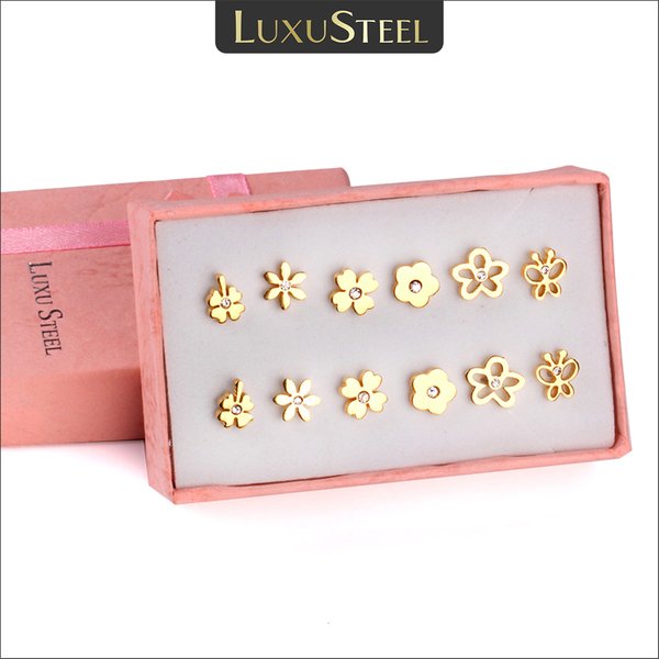 Luxu steel 6 paare/schachtel Edelstahl cz Ohrringe für Frauen Mädchen Kinder Piercing Ohr stecker Set Geburtstag Schmuck Geschenke