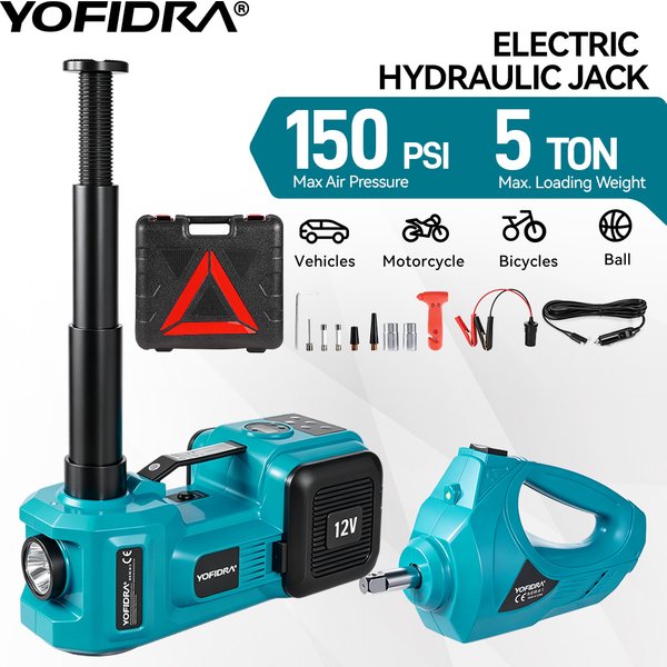 YOFIDRA, cric électrique pour voiture de 5 tonnes, cric hydraulique électrique avec gonfleur intégré, prise d'alimentation 12V pour voiture et démonte-pneus pour SUV, MPV, berline, camion, changement