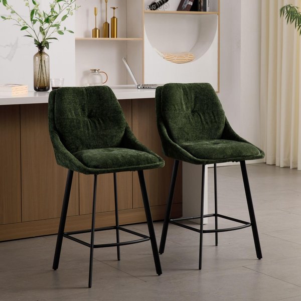 Chairus Bar Stools Set of 2 Breakfast High Stool with Metal Legs Upholstered Counter Height Kitchen Stool in Chenille Fabric