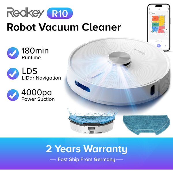 Robot odkurzający Redkey R10, nawigacja LiDAR, sterowanie przez aplikację, siła ssania 4000PA, inteligentny mop do domu, narzędzie do mycia podłóg i dywanów (1000W)