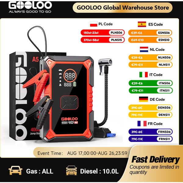 GOOLOO A5 4000A Przenośny Rozruchowywacz Samochodowy Power Bank z Pompką Powietrza 160PSI, Awaryjne Uruchamianie Akumulatorów do Pojazdów 12V