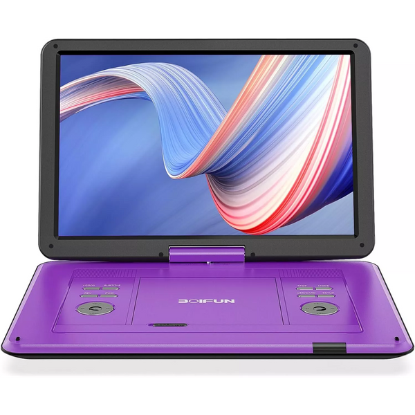 BOIFUN 17,5" tragbarer DVD-Player mit 15,6" HD-Bildschirm, wiederaufladbarer Akku, unterstützt USB/SD-Karte/TV-Synchronisierung, verschiedene Formate, lila