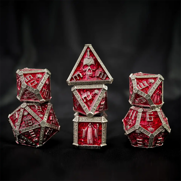 7Pcs Metall Würfel für Rollenspiel Brett Tischspielzeug Zubehör Polyeder Solid Mold Wizard Serie Antikes Gold Rot