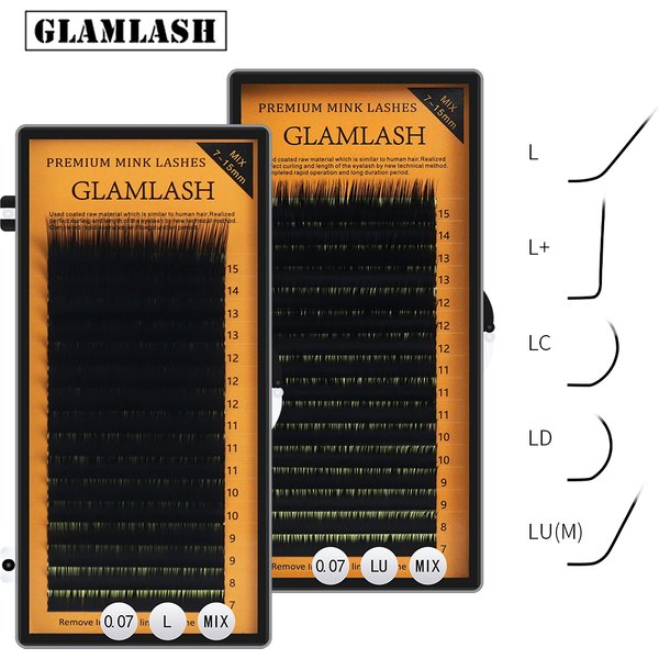 GLAMLASH L/L+/LC/LD/LU/M/N Curl Wimpernverlängerung 16 Reihen/Tablett Mix Mattschwarz Individuelles Make-up-Tool Falsche Wimpern