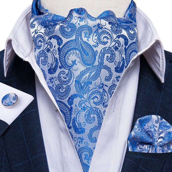 Fashion Blue Paisley Ascot for Man Accessory Luxury Men's Floral Cravat Handkerchief Cufflinks Set Business Party Wedding