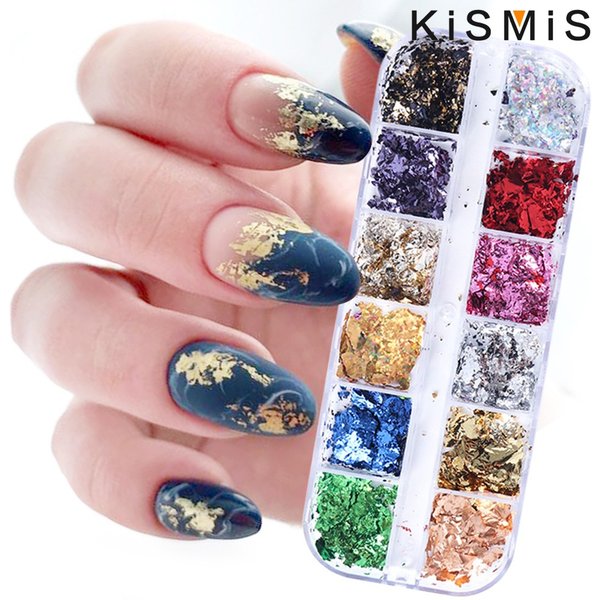12 feuilles de couleur magnifiques ongles paillettes flocons d'aluminium puce conception d'ongle brillant Kismis décoration d'art d'ongle, 1 boîte