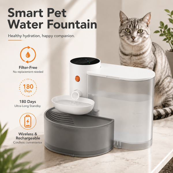 Fontaine à eau intelligente sans fil pour chat 3L, sans filtre de remplacement, séparation eau propre et eau sale, distributeur d'eau automatique pour animaux de compagnie, fonctionne sur batterie