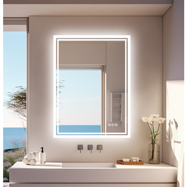 Miroir de salle de bain rectangulaire LED 70/80/90CM, rétroéclairé, anti-buée, pour fixation murale, à intensité variable, incassable