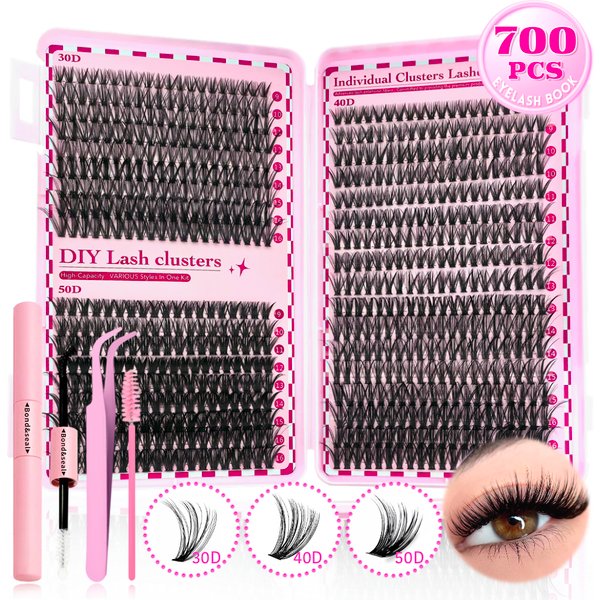 700PCS-30D/40D/50D 80D Kit d'extension de cils bricolage longueur mixte 9-16mm, cils D-Curl pour le bricolage et diverses célébrations festives