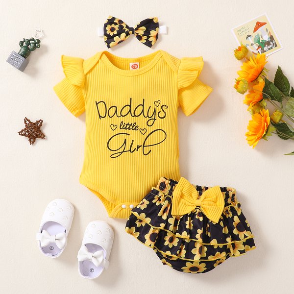 Bébé fille monogrammé manches courtes tournesol double jupe short mignon costume de mode