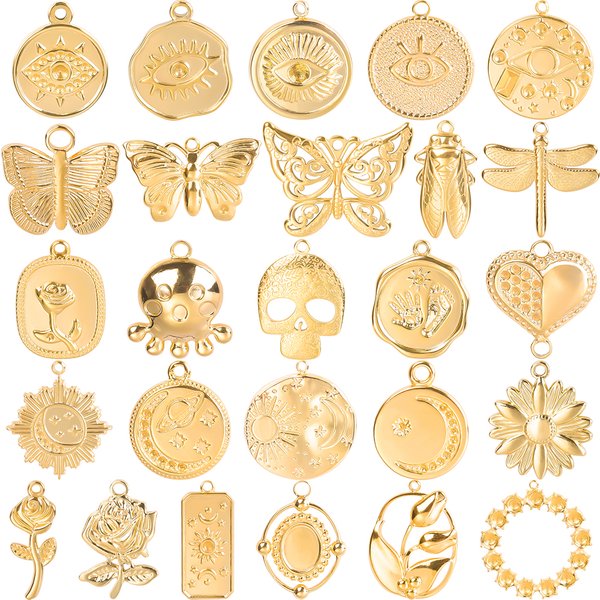 Breloques papillon couleur or, 5 pièces/lot, Ojo Turco, breloques en acier inoxydable pour la fabrication de bijoux, fournitures tête de crâne, étoile, lune, œil