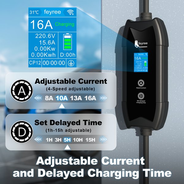 Chargeur de voiture électrique Feyree Type2, câble 5M, 16A, 3,5 kW, ensemble de charge et de temporisation, contrôle via application WIFI pour voitures électriques, boîte de charge portable