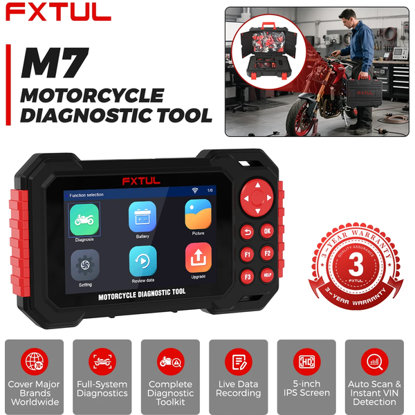 FXTUL M7, outil de diagnostic pour motos, permettant un scan complet de tous les systèmes, une détection instantanée du numéro d’identification du véhicule (VIN), un diagnostic des codes d’erreur du