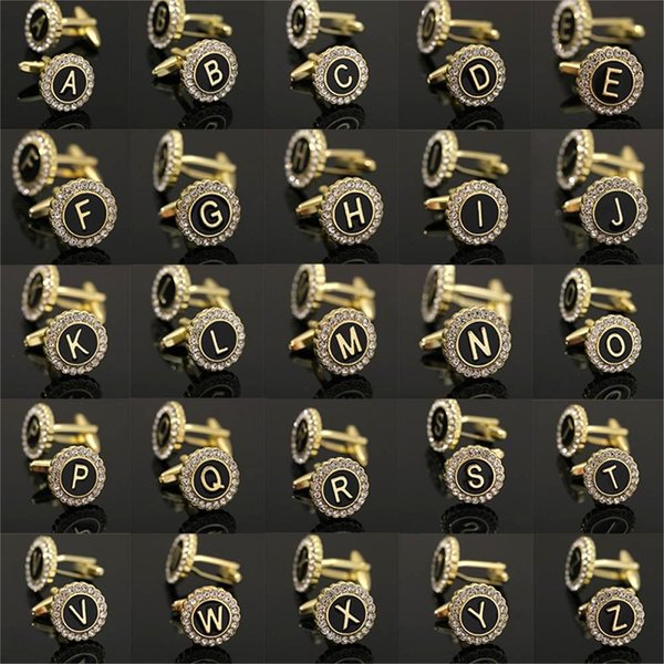 26 boutons de manchette pour hommes, lettre majuscule initiale A-Z, couleur dorée, en forme d'engrenage, boutons de manchette en cristal, chemise formelle, costume, bijoux cadeau