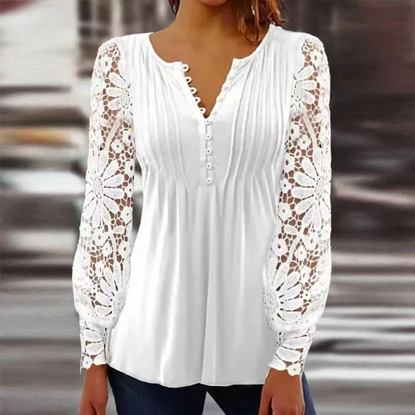 Mode Aushöhlen Frau Spitze Bluse Langarm Tops V-ausschnitt Solide Plissee Vintage Blusen Frauen Beiläufige Dünne Weiße Hemd 24815