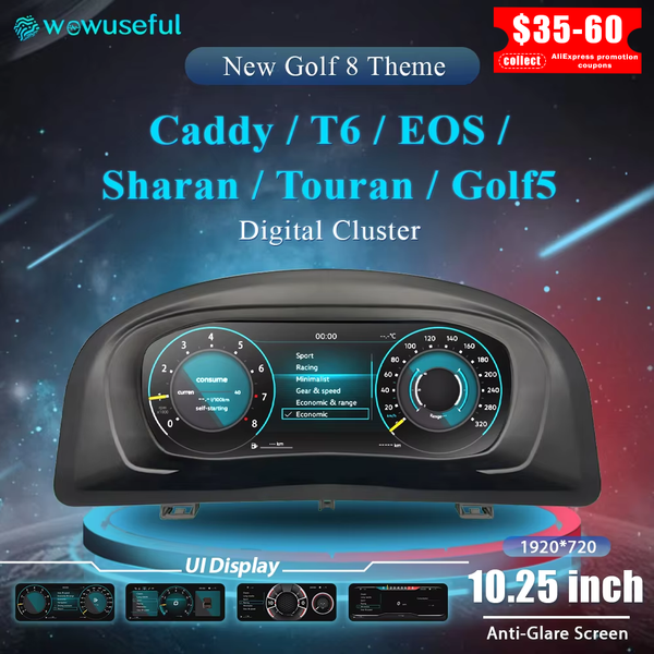 Wowuseful 10,25 LCD-Digital-Armaturenbrett-Cluster für VW Variant Caddy Touran T6 EOS Sharan Golf 5, virtuelles Instrumententafel-Cockpit