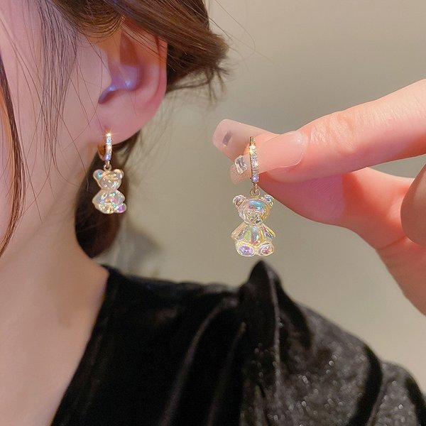 Boucles d'oreilles ours mignonnes pour femmes, boucles d'oreilles en zircon brillant, nouvelles boucles d'oreilles pendantes en cuivre doré tendance, bijoux de fête et de mariage, cadeaux A-