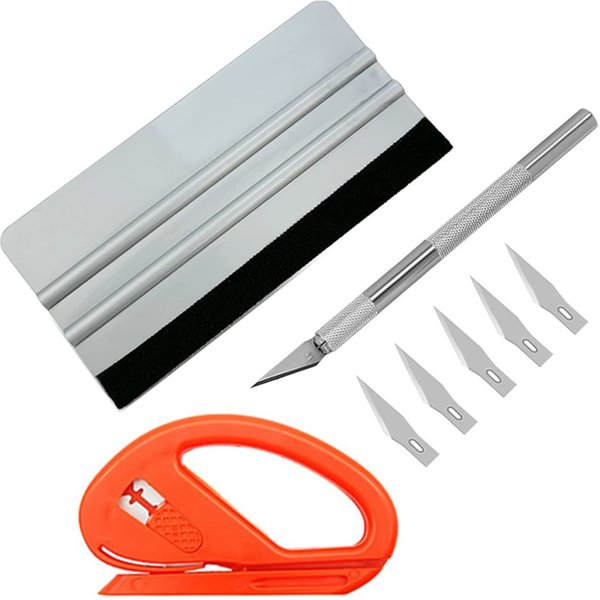 Kit d'outils de 3 pièces pour film vinyle en fibre de carbone, comprenant raclette, grattoir en plastique, cutter, outil de pose de film teinté pour vitres, spatule pour vinyle, outil de pose