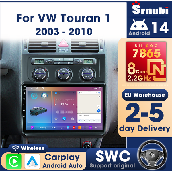 Srnubi Android 14 Autoradio für Volkswagen VW Touran 1 2003 - 2010 QLED Carplay Bildschirm Multimedia-Player Navigationssystem