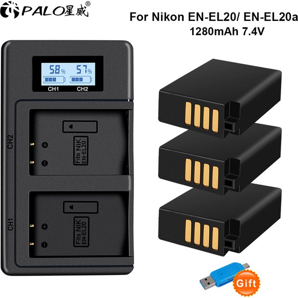EN-EL20A EN-EL20 Akku + LCD-Doppelladegerät für Nikon Coolpix P1000 P950 1 J1 J2 J3 DL24-500 Blackmagic Pocket Cinema Camera