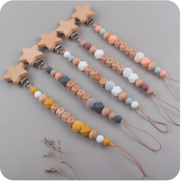 Baby Schnuller Clips Handgemachte Holz Schnuller Kauen Beißringe Spielzeug Dummy Sicher Silikon Zahnen Schnuller Ketten Geschenk