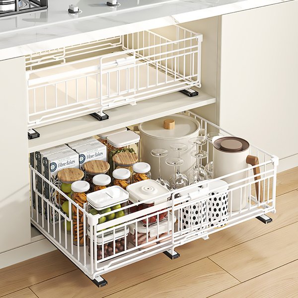 Organisateur de placard extensible pour cuisine – Tiroir de rangement coulissant silencieux, sans perçage, étagère réglable, installation facile