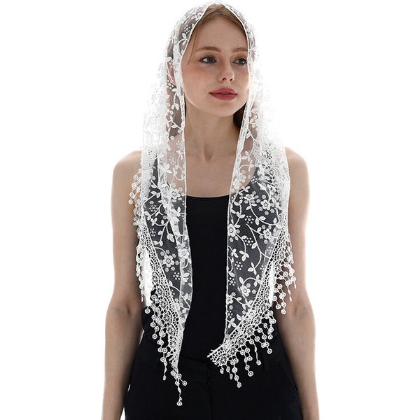 Frauen Bestickte Spitze Quaste Schal Dreieck Fransen Einfarbig Schals Mode Leichte Gebet Hijab 150*40 cm