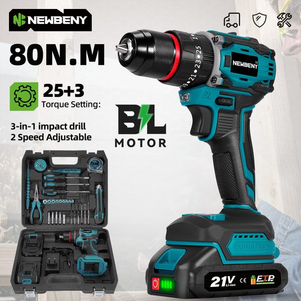 NEWBENY 25+3 Drehmoment Bürstenloser Elektrobohrer Kabelloser Multifunktions-Schraubendreher Haushalts-DIY-Elektrowerkzeug für Makita-Akku