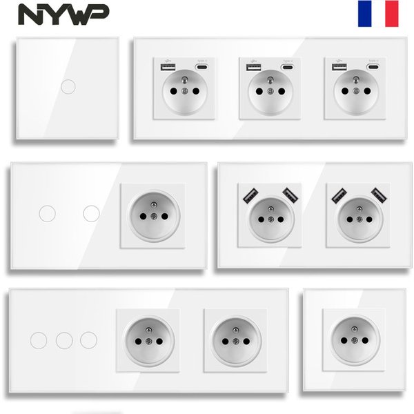 NYWP interrupteur tactile prise murale française interrupteurs d'éclairage mural Led 1/2/3Gang 1Way rétro-éclairage en verre Charge de téléphone prises USB France