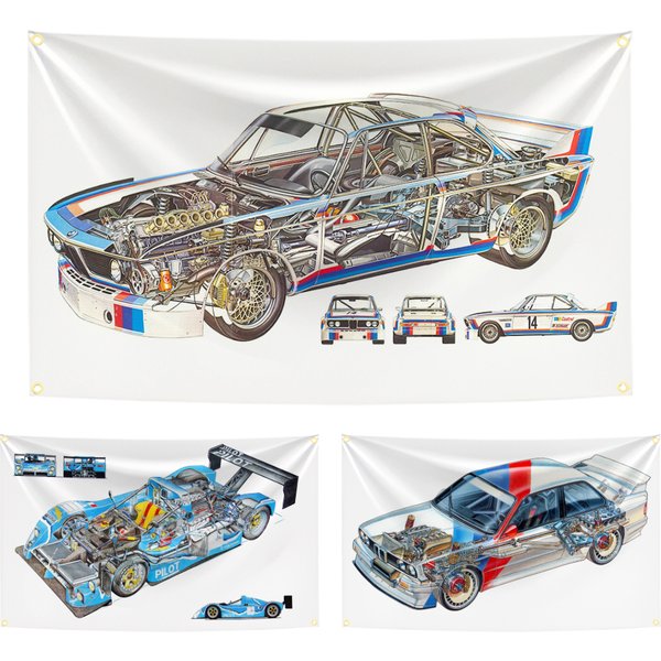 90 x 150 cm cooler klassischer Rennwagen-Flaggen-Wandteppich, Polyester, digitales Banner für Garage, Wandkunst, Außendekoration