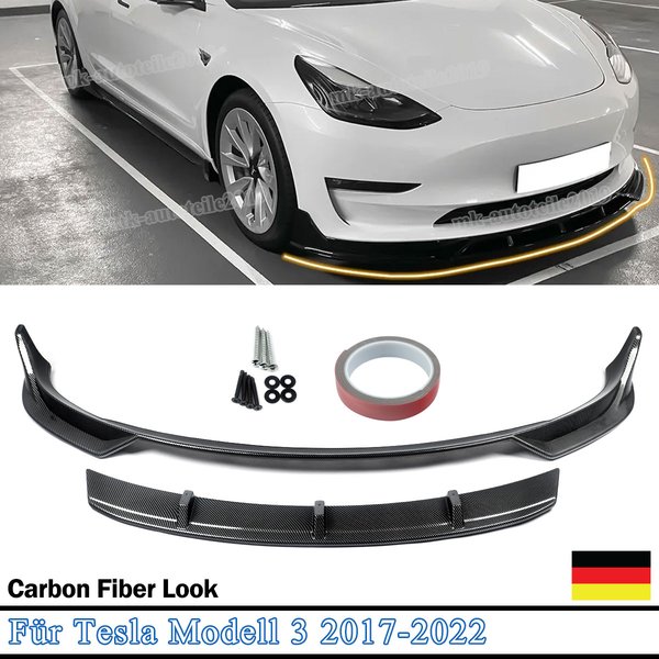 SAIQINGSP Frontspoilerlippe Bodykit für Tesla Model 3 2017 2018 2019 2020 2021 2022 2023 Frontspoiler Carbonfaser-Optik Autozubehör