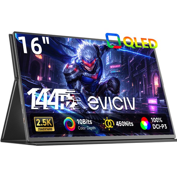 EVICIV Portable Monitor 16 Zoll 2K QHD 2560X1600 450 Nits 144% sRGB 120 Hz HDMI USB-C Reisemonitor für Laptop Mac PC Surface PS5 Xbox, Externes Display mit Abdeckung & Lautsprecher VESA kompatibel