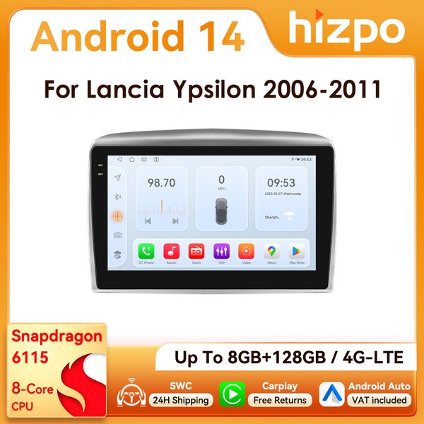 Hizpo 2Din 9 Zoll 8-Core Android14 Autoradio für Lancia Ypsilon 2006–2011 Auto CarPlay 4G BT RDS DSP GPS Navi Snapdragon 6115