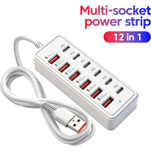 Stacja ładująca USB 12 w 1, 6 portów USB-A, 6 portów USB-C, szybka ładowarka, wieloportowy adapter zasilający z kablem, HUB do domu i biura.