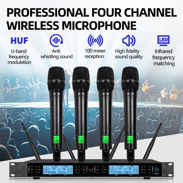 Système de microphone sans fil UHF professionnel à 4 canaux, comprenant un micro-casque, un micro-cravate et un micro col de cygne, pour la scène et le chant.