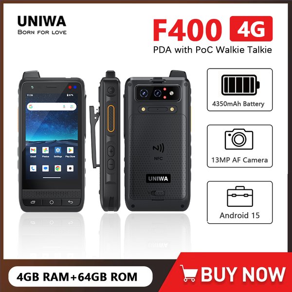 PDA robuste UNIWA F400 avec talkie-walkie PoC Zello, smartphone Android 15, IP65, 4350 mAh, 4,0 pouces, 4G, portée mondiale, talkie-walkie NFC