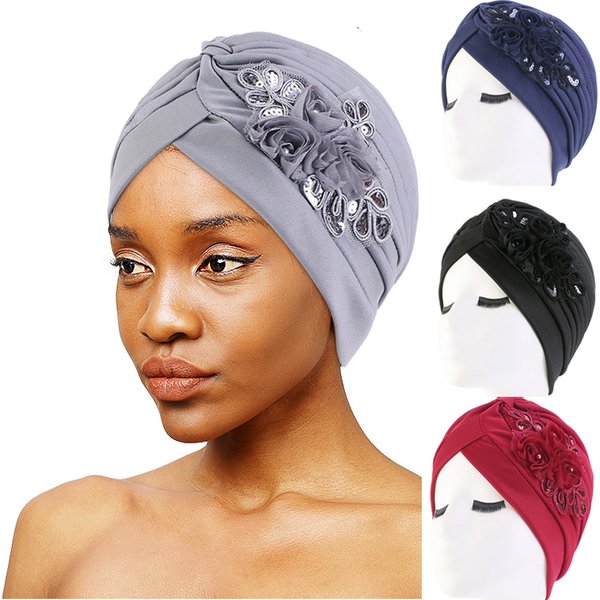 New Flower Decoration Turban Solid Color For Women Fashion Hair Wear Head Wrap Ladies Headwear Cancer Hats India Cap Bandana