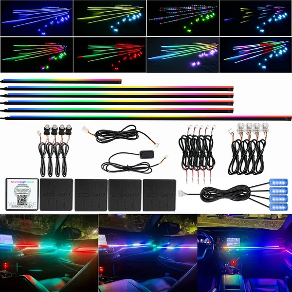 18-in-1 RGB-Symphonie-Auto-Ambientelichter, 64-Farben-Streamer, versteckter Acryl-LED-Streifen, APP-Steuerung, Auto-Innenraum-Atmosphärenlampen-Set