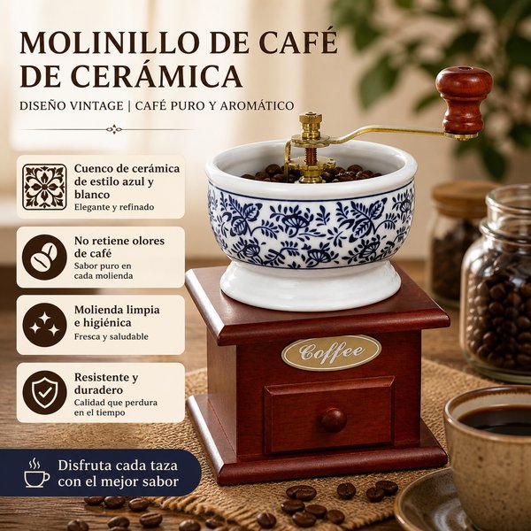 Ręczny młynek do kawy w stylu vintage z mechanizmem ceramicznym i drewnianą podstawą, regulowany młynek do ziaren kawy z szufladą do przechowywania, klasyczny niebiesko-biały design, 12x12x21cm