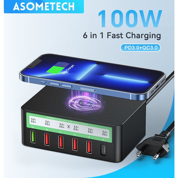 100 W USB PD QC Ladegerät Adapter Drahtloses Ladegerät 6 Ports Schnellladestation für IPhone 14 13 12 Pro Max IPad, Samsung Huawei