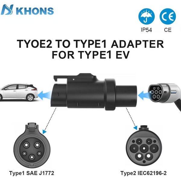 Khons Typ 2 Ladestation Typ2 zu Typ1 Adapter 32A 250V EV-Ladegerät Typ2 zu J1772 Adapter EV-Konverter