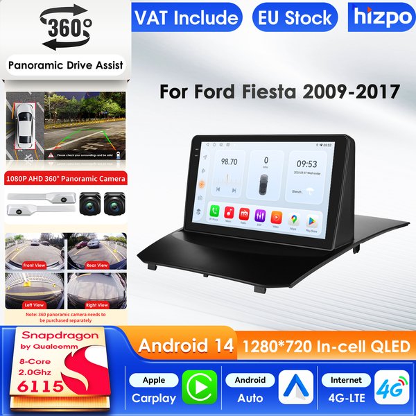 Hizpo Android 14 Auto Multimedia 2Din Player für Ford Fiesta 2009 - 2017 GPS Carplay 4G WIFI AI Intelligente Bildschirm Autoradio RDS